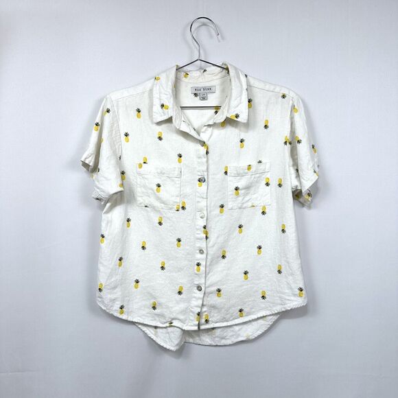 Rae Dunn Linen Blend Allover Pineapple White Button Down Collared Shirt Large - Picture 1 of 4